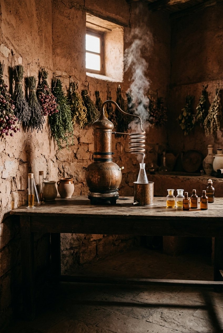 Alambique de cobre destilando plantas aromáticas numa oficina de pedra, com ervas secas penduradas