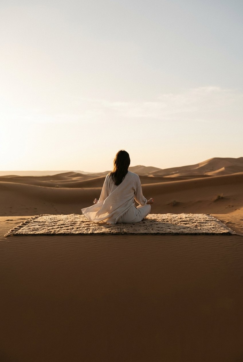 Mulher em meditação sobre um tapete berbere, de costas, ao amanhecer no deserto
