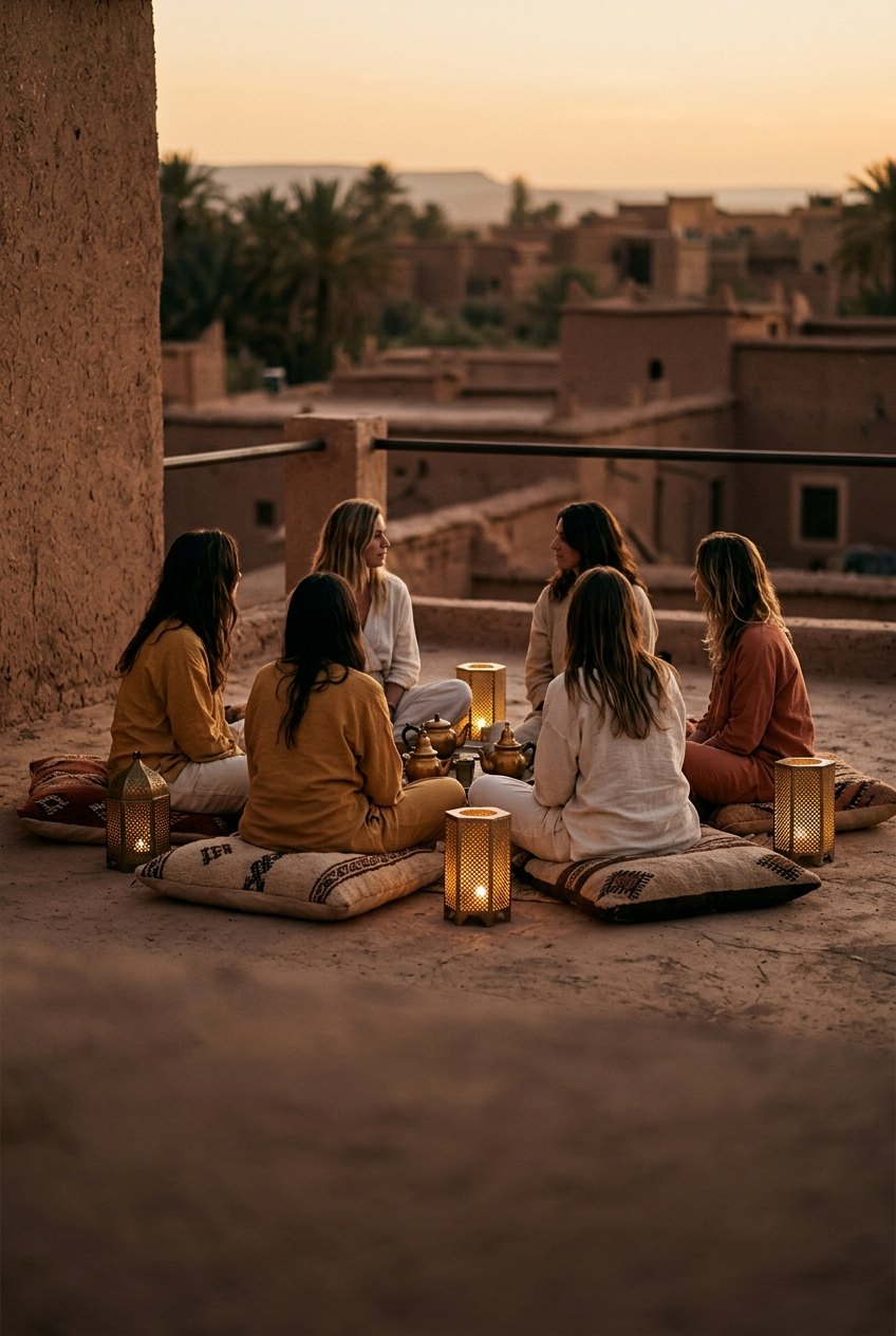 Roda de mulheres sentadas em almofadas num terraço de barro ao entardecer, com lanternas acesas
