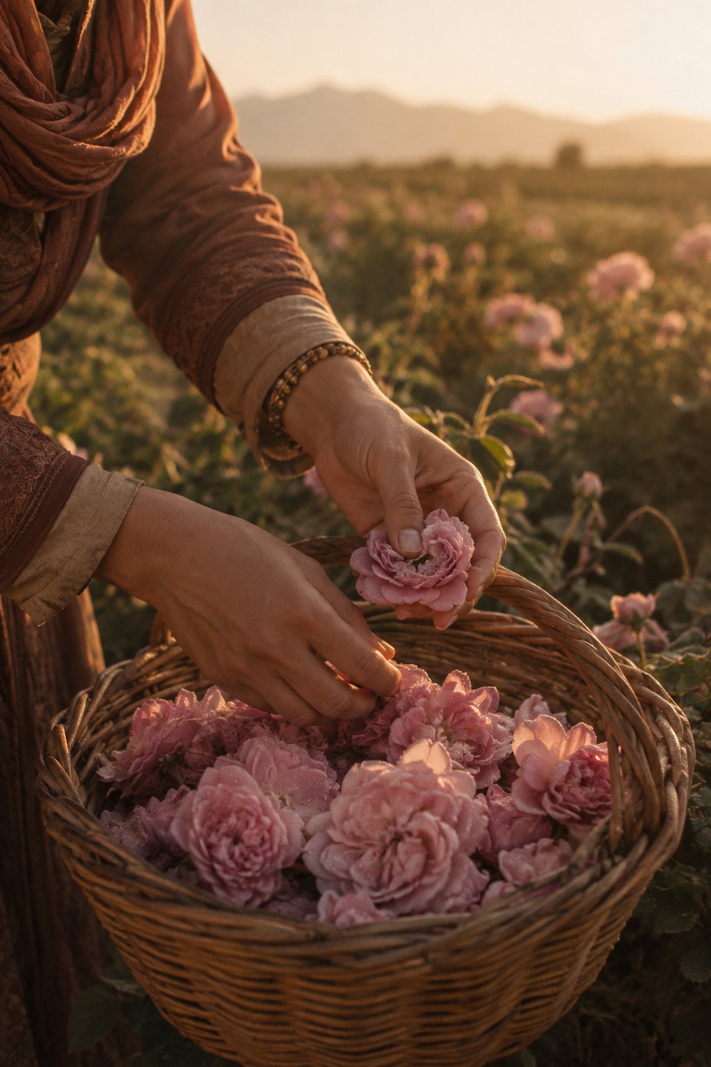 Mãos colhendo rosas damascenas num cesto de vime, no Vale das Rosas